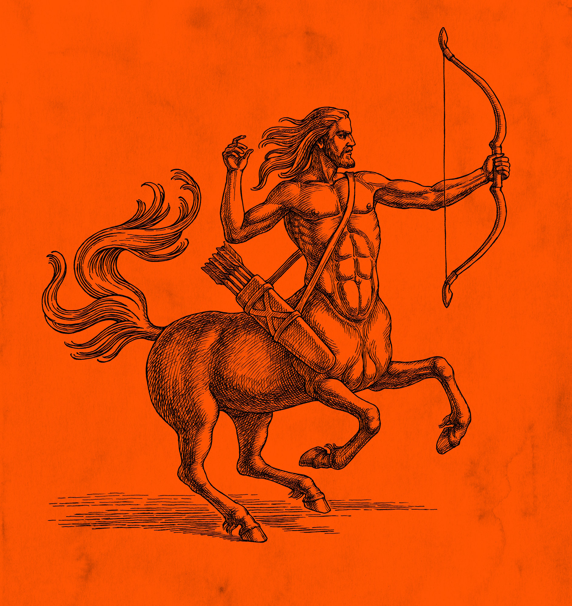 Image of half man half horse - a representation of a centaur with a arrow and bow